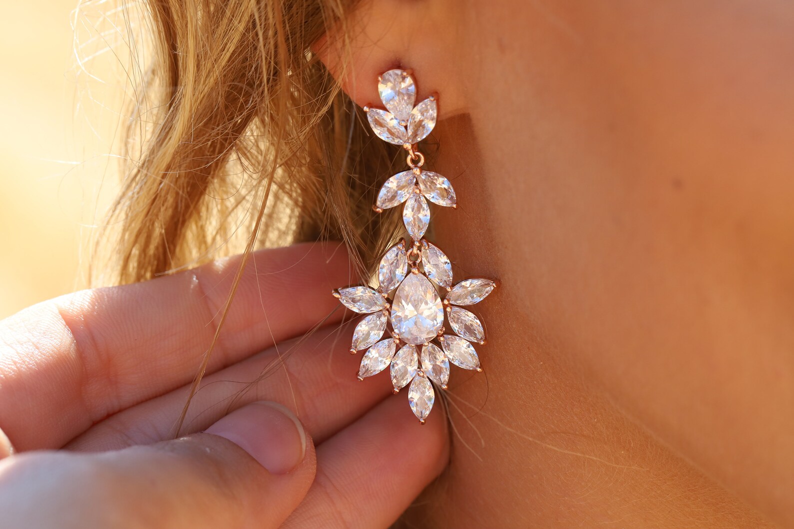 Vintage Style Wedding Earrings Rose Gold Teardrop Bridal Etsy