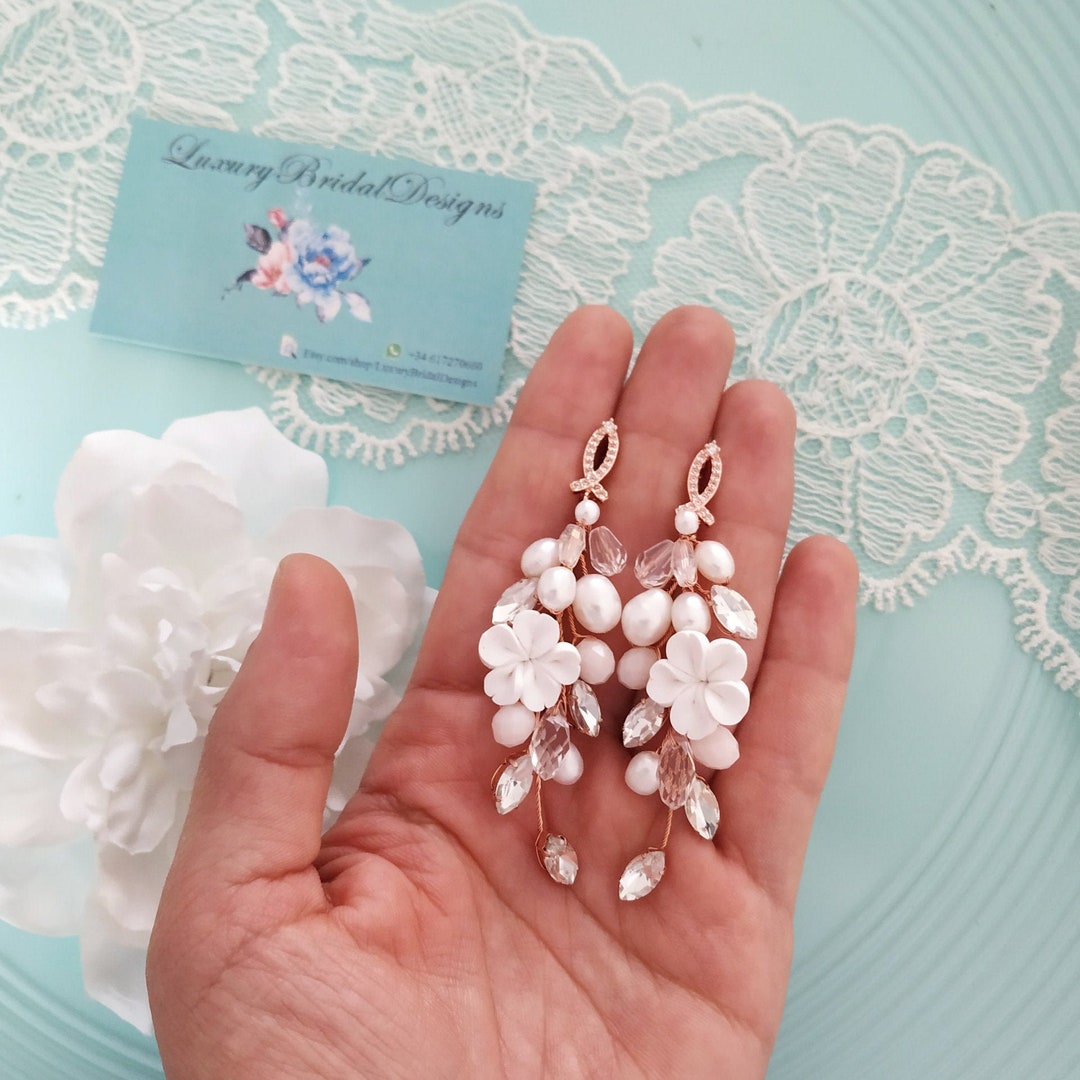 Rose Gold Delicate Porcelain Flowers Boho Wedding Earrings Etsy UK