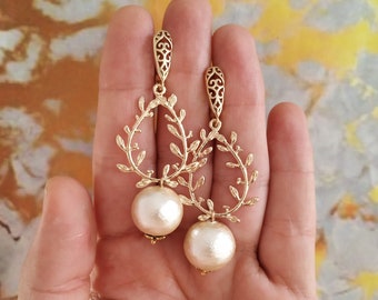 Cotton Pearl Statement Wedding Earrings ,Gold Wedding Jewelry ,Boho Bridal Jewellery ,Boho Wedding Earrings, Dangle Drop Bridal  Earrings