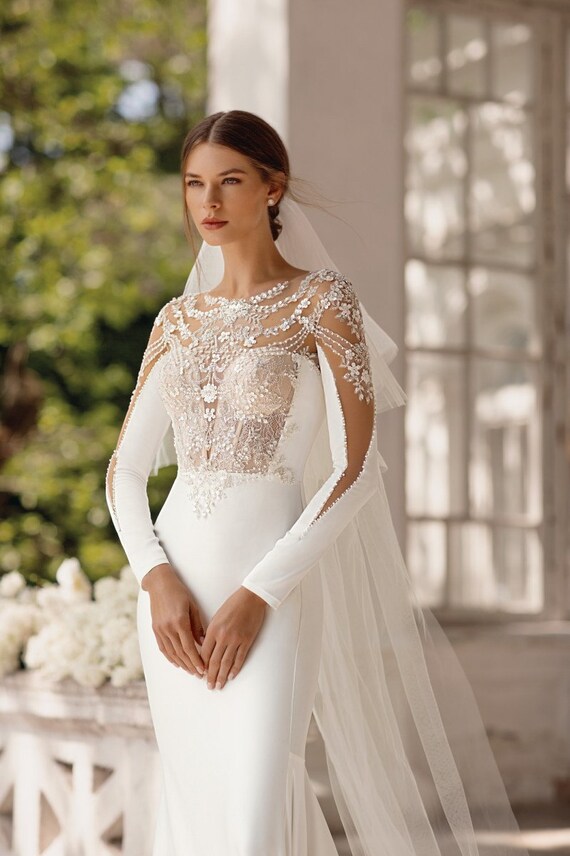 Devotion Long Sleeves Satin Mermaid Wedding Dress Deep V Neck