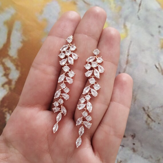 Swarovski Crystal Rose Gold Leaf Earrings Vintage Style Bridal