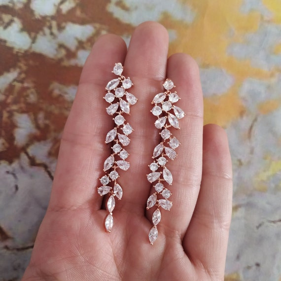 Swarovski Crystal Rose Gold Leaf Earrings Style Bridal - Etsy España