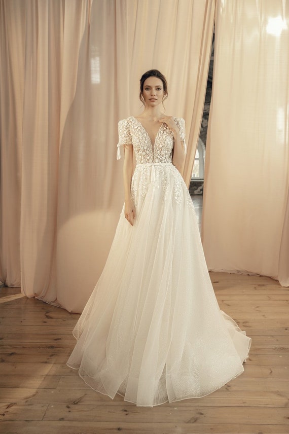 Champagne Crystal Beaded Wedding Dress V-Neck Long Sleeve Pearls Sequi –  AiSO BRiDAL