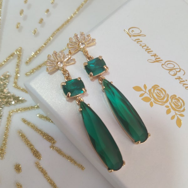 Art Deco Fan Wedding Earrings, Gold Emerald Boho Bridal Earrings, Long Boho Wedding Earrings, Swarovski Crystal Statement Wedding Earrings,