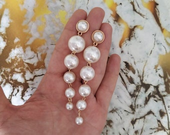 Gorgeous Extra Long Pearl Wedding Earrings, Gold Bridal Earrings, Chandelier Statement Earrings, Jewellery, Bridal Jewelry,  Accessories