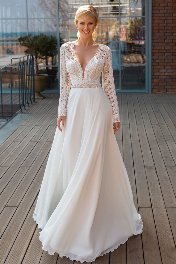 Long Sleeves Boho Wedding Dress Plunge 