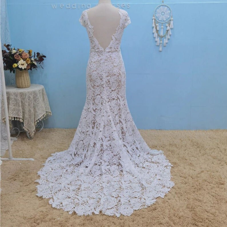 Lace & Chiffon Long Sleeve Open Back Boho Wedding Gown - Xdressy