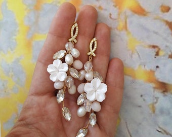 Freshwater Pearl Rose Gold Wedding Earrings, Flower Bridal Earrings, Floral Wedding Earrings, Boho Wedding Earrings, CZ Gold Bridal Earrings