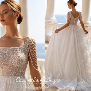 Gatsby Vintage Style Beaded Wedding Dress, A-Line Wedding Gown, Sparkling Tulle Wedding Dress, Embellished with Sequins, Pearl and Beads,