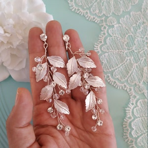 Silver Leaf Wedding Earrings Boho Wedding Earrings Rose Gold Chandelier Earrings Swarovski Crystal Long Bohemian CZ Boho Bridal Earrings