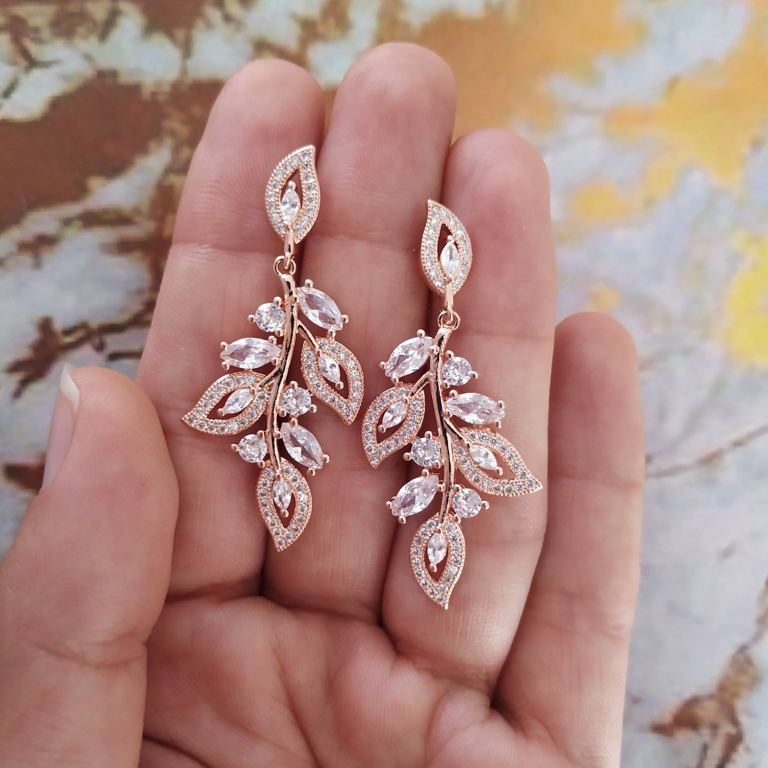Full Zircon Rose Gold Leaf Wedding Earrings Art Deco 