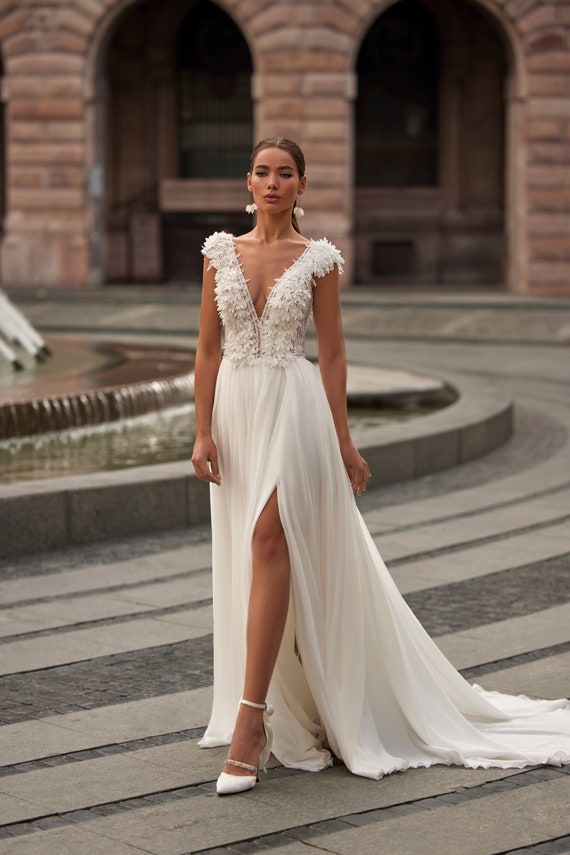 Deep V-Neck Beach Chiffon Dress With An Illusion Back Style # HFW2710 –  Dream Wedding