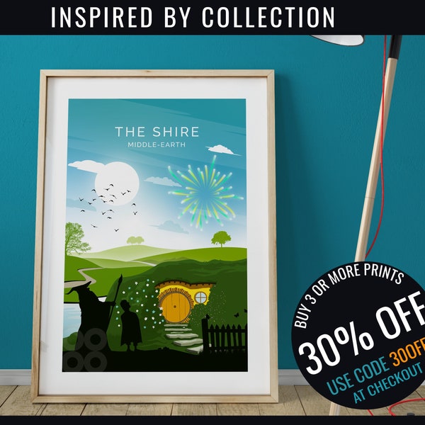 The Shire Print / Hobbiton Fan Art Retro Travel Poster from Middle-Earth / Unframed
