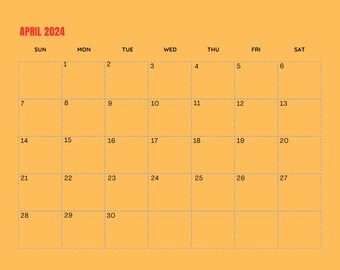 May include: A yellow calendar with a grid layout for the month of April 2024. The days of the week are labelled at the top: Sun, Mon, Tue, Wed, Thu, Fri, Sat. The numbers 1 through 30 are listed in the grid, representing the days of the month.