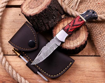 Personalized Damascus Folding Knife, Custom Groomsmen Gift, Wood Handle Pocket Knife