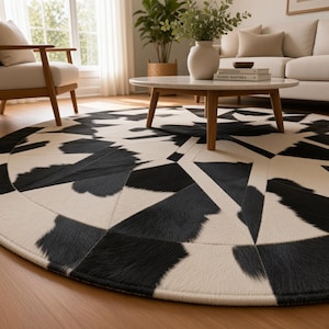 May include: A large, circular area rug featuring a geometric patchwork design composed of black and white cowhide panels. The rug displays a repeating pattern of triangles and polygons, creating a high-contrast visual texture across the floor.