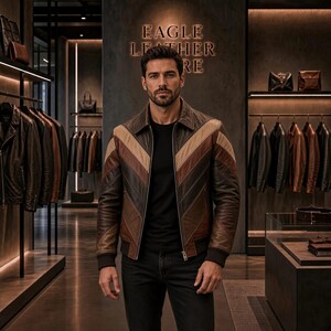 Chevron Leather Jacket Men Brown Striped Pattern Full Zip Bomber Coat Retro V Stripe Outerwear Casual Fashion Menswear Apparel