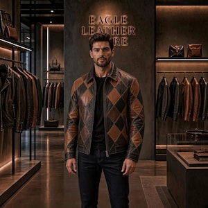 Argyle Leather Jacket Men Brown Black Checker Pattern Full Zip Coat Geometric Outerwear Casual Fall Fashion Menswear Apparel