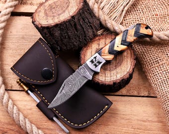 Personalized Handmade Damascus Pocket knife Olive Wood handle Custom Groomsmen Gift Anniversary Gift for him Gift Birthday Gift