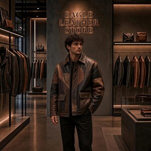 Handmade Men Patchwork Genuine Leather Jacket Vintage Brown Paneled Leather Coat Retro Bomber Style Outerwear Unique Gift For Him