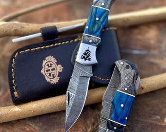 Handmade Damascus Folding Knife, Wood Handle, Personalized Groomsman Gift