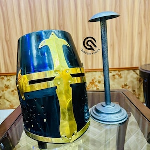 Medieval Helmet Warrior Brass Crusader Helmet Knights Helmet | Props Head Wear with Stand