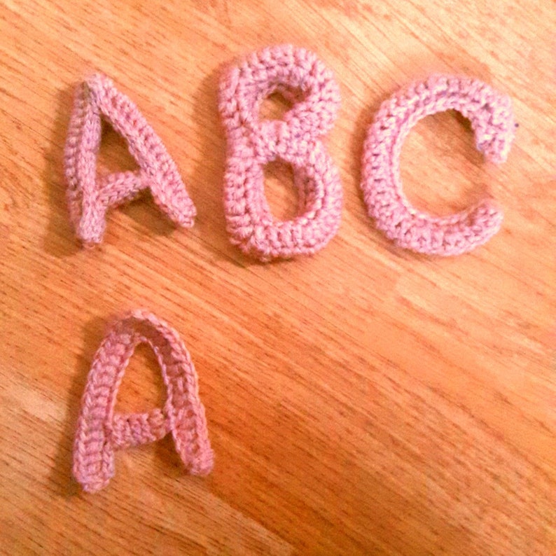 Crocheted 3D and flat letters school jumpers labels keyring