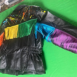 Drip Rainbow LGBTQ Custom, Heavy Duty Leather Fringe, Paint Splash Moto Biker Jacket.  Labeled Women&#39;s Size XXXXL.  Measurements below.