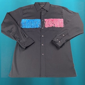 Unisex Stretchy, Form Fit Black Dress Shirt with Turquoise Blue and Pink Fringe.  Size Large.