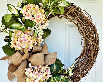 Summer Wreath White and Pink Elegant Wreath Monogram Wreath Spring Wreath Hydrangea Wreath Front door decor W039 Mother/'s Day Gift