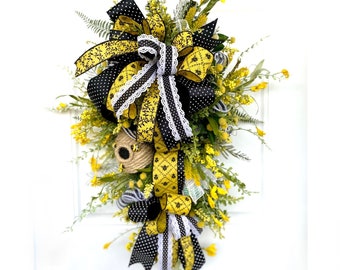 Bee-Themed Spring and Summer Wreath, Yellow & Black Floral Door Decor with Polka Dot Ribbon, Bee Hive Swag, Handmade Farmhouse Wall Accent