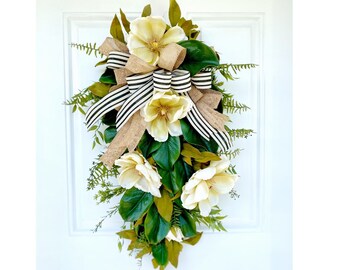 Elegant Magnolia Swag for Front Door, Magnolia Teardrop Wreath, Southern Teardrop Swag, Monochromatic Home Decor, All Season Door Decor