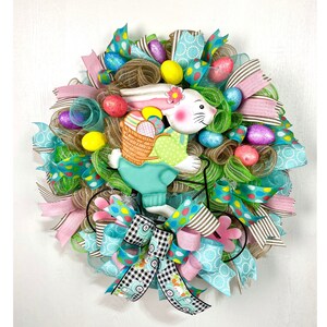 Easter Deco Mesh Wreath with Bunny and Eggs, Easter Rabbit Porch Decor, Brightly Colored Easter Decoration, Whimsical Bunny Wreath