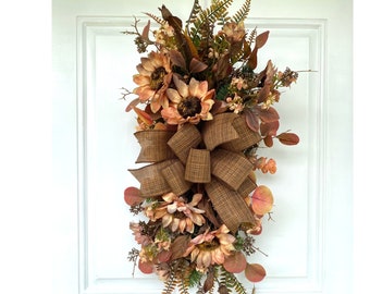 Rustic Fall Peach Wreath for Front Door, Thanksgiving Farmhouse Sunflower Centerpiece for Table, Versatile Rustic Door Swag or Centerpiece