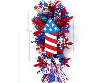 Patriotic Stars and Stripes Wreath with Foam Firecracker, Fourth of July Wreath for Front Door, Red White & Blue Porch Decor