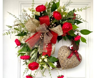 Cadeau floral pour la fête des mères, couronne de vigne pour la porte d'entrée, décoration de porche romantique pour la Saint-Valentin, couronne de coeur de style vintage, couronne d'amour pour elle