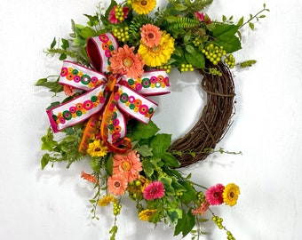 Couronne d'été lumineuse pour porte d'entrée, décoration de porche Gerbera Daisy Grapevine, décoration de fiesta d'été, couronne de fleurs colorées de vigne pour l'été