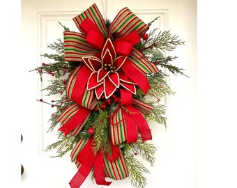 Rustic Christmas Evergreen Wreath, Holiday Poinsettia Teardrop Wreath, Velvet Poinsettia Farmhouse Christmas Swag, Jingle Bell Decor