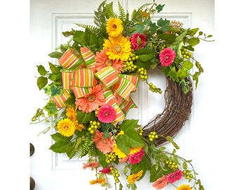 Daisy Summer Wreath for Front Door, Colorful Gerbera Daisy Grapevine Porch Decor, Colorful Floral Grapevine Wreath for Summer