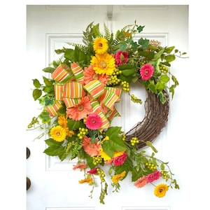 Daisy Summer Wreath for Front Door, Colorful Gerbera Daisy Grapevine Porch Decor, Colorful Floral Grapevine Wreath for Summer