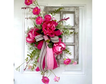 Rustic Peony Wreath for Front Door, Spring Peony Porch Decor, Window Frame Wreath, Modern Farmhouse Floral Windowpane Wall Decoration