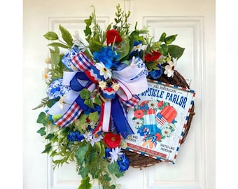 Floral Patriotic Grapevine Wreath, USA Patriotic Floral Wreath for Front Door, Red White and Blue Patriotic Floral Door Decor