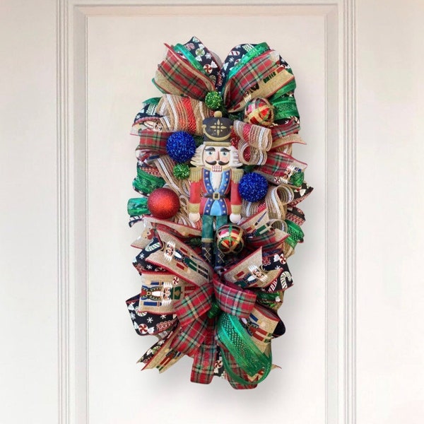 Traditional Christmas Nutcracker Swag for Front Door, Nutcracker Christmas Wreath, Seasons Greeting Decor, Holiday Decoration for Your Home