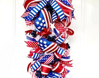 July 4th Deco Mesh Wreath for Front Door, Stars & Stripes Patriotic Swag, Red White Blue Door Hanger, Summer Porch Decor, USA Wall Hanging