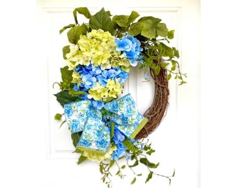 Rustic Hydrangea Wreath for Front Door, French Country Porch Decoration, Garden Mantel Decor, Floral Grapevine Wall Decoration