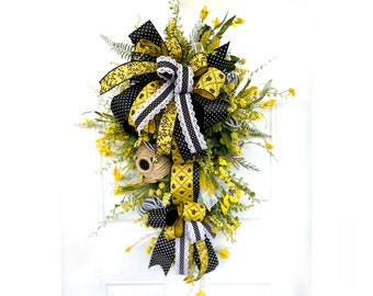 Bee-Themed Spring and Summer Wreath, Yellow & Black Floral Door Decor with Polka Dot Ribbon, Bee Hive Swag, Handmade Farmhouse Wall Accent