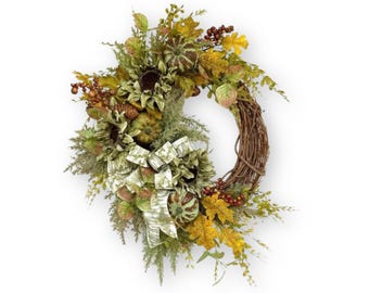 Farmhouse Fall Wreath with Striped Bow, Rustic Sunflower Door Decor, Autumn Grapevine Wreath, Neutral Fall Porch Decoration, Pumpkin Wreath