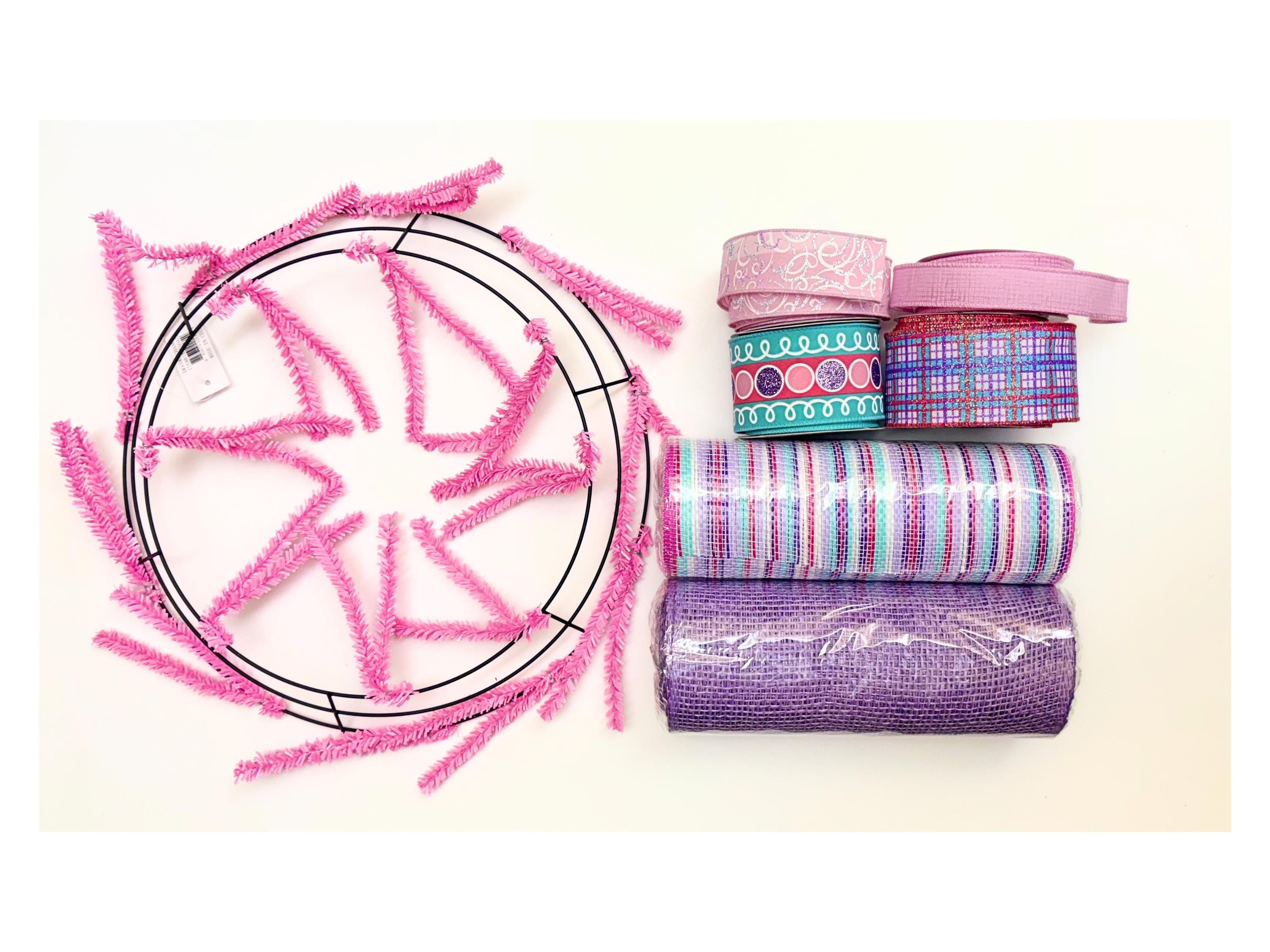 Pastel Wreath Supply Bundle, Deco Mesh Wreath Supplies, Pink Wreath Frame, Ribbon Bundle for Wreath Makers, Whimsical Craft Supplies