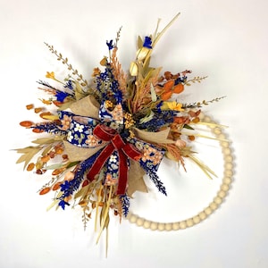 Beaded Fall Hoop Wreath with Wildflowers – Rustic Door Decor with Cinnamon Velvet, Burlap & Navy Floral Ribbon – Handmade Autumn Wreath