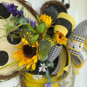 Bee and Sunflower Wreath for Front Door, Bee Welcome Wreath, Summer Bee Door Hanger, Sunflower Porch Decor, Rustic Burlap Wreath image 5